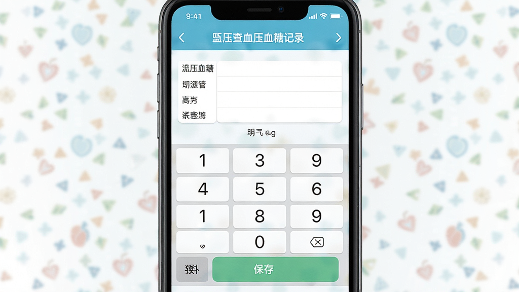免费手机查血压血糖记录界面,主体为手机屏幕显示血压血糖输入表单,布局上下结构,排版整齐,风格为清新医疗风,细节包含数字键盘、单位标签、保存按钮,画质高清,干净,无多余元素