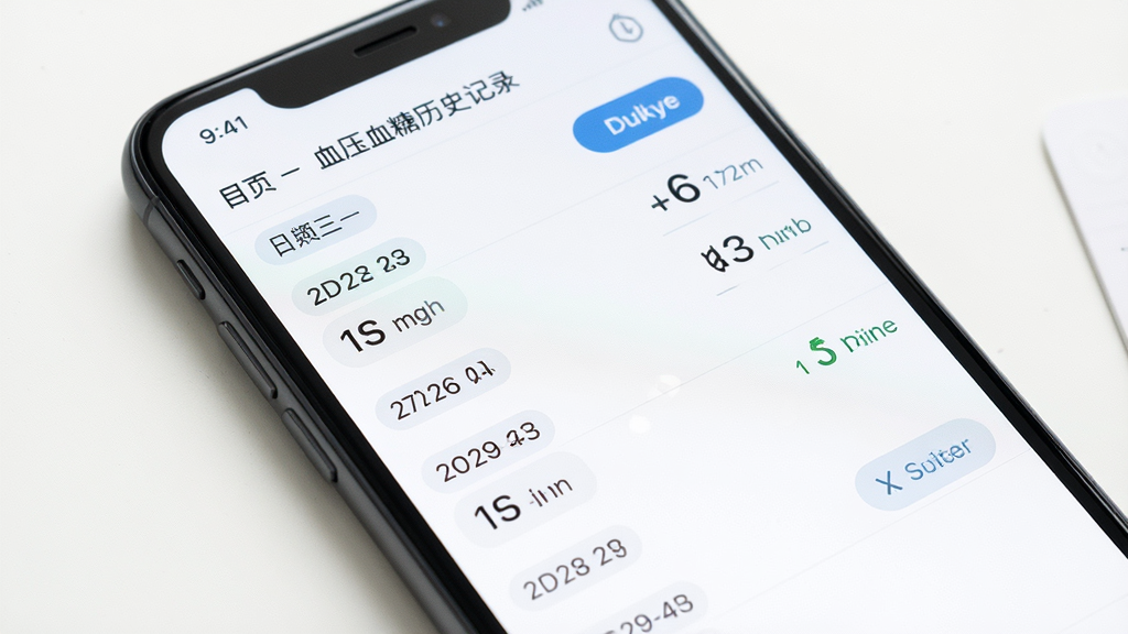 免费手机查血压血糖历史记录列表,主体为手机屏幕显示按日期分组的数据条目,布局列表式,排版清晰,风格为简约健康管理界面,细节包含日期标签、数值摘要、筛选按钮,画质高清,干净,无多余元素