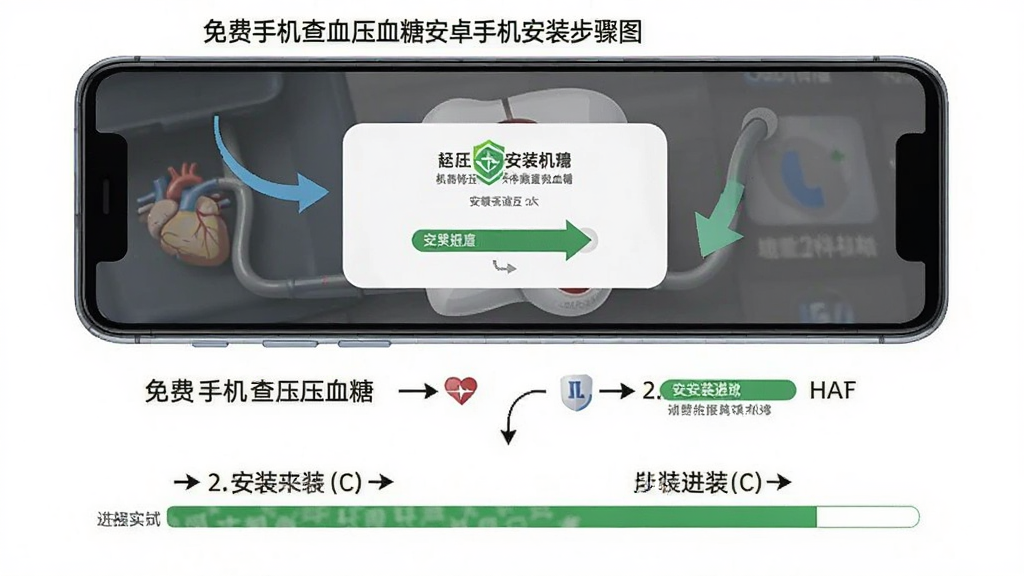 免费手机查血压血糖安卓手机安装步骤示意图,主体为手机屏幕显示安装权限弹窗与安装进度条,布局分步展示,排版从上到下,风格为教程图解,细节包含箭头指引、文字标注,画质高清,干净,无多余元素