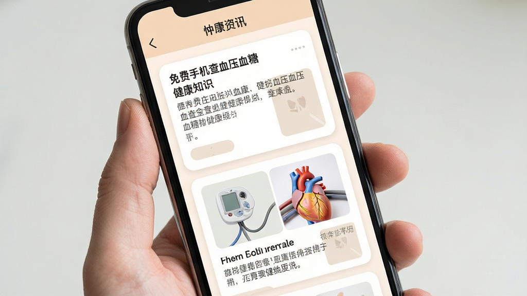 免费手机查血压血糖健康知识页面,主体为手机屏幕展示科普文章卡片,布局卡片式排列,排版舒适,风格为温和健康资讯界面,细节包含标题、摘要、配图占位,画质高清,干净,无多余元素