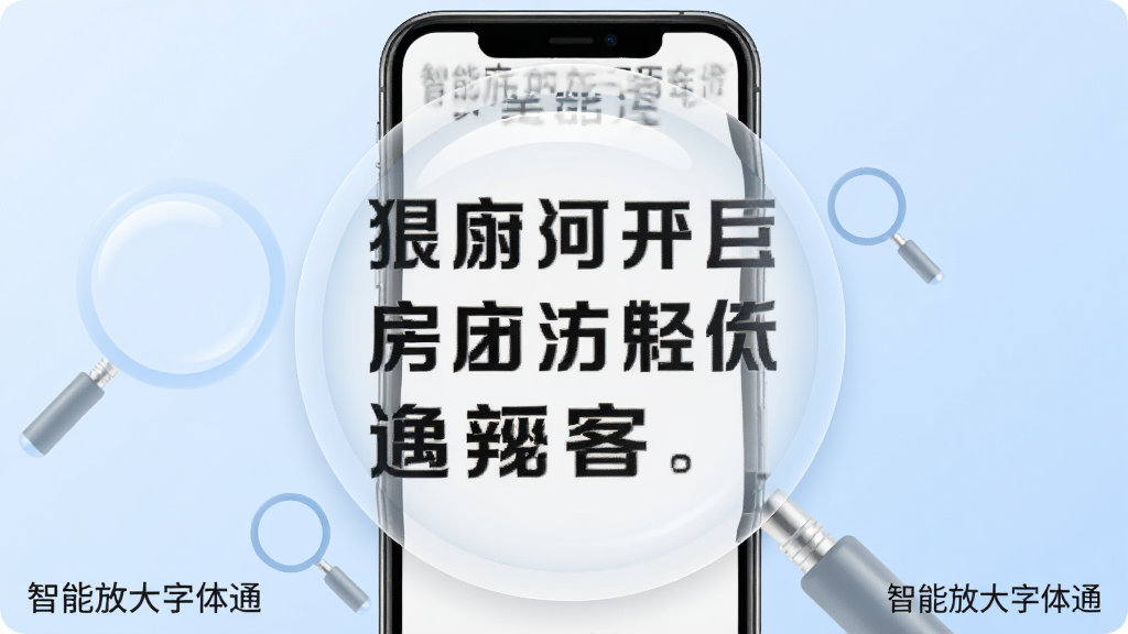 一张展示智能手机屏幕的图片,屏幕中央显示被放大的中文新闻文字,文字清晰醒目,周围有放大镜图标的半透明叠加效果,背景为柔和的浅蓝色渐变,整体风格简洁现代,画质清晰干净,无多余元素,图片角落有“智能放大字体通”字样