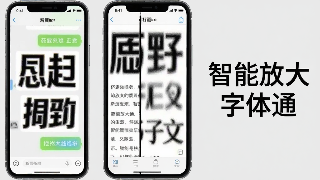 一部手机屏幕分成三个区域,分别显示聊天对话、网页文章和电子书页面,每个区域的文字都被明显放大,手机旁边有“智能放大字体通”的文字标识,背景为浅灰色,风格清新商务,画质清晰,无杂乱元素