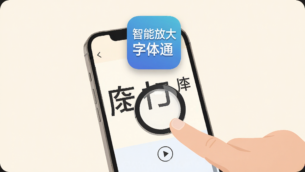 一只手指轻轻点击手机屏幕上的放大按钮,屏幕上的文字瞬间变大,画面中有“智能放大字体通”的软件图标悬浮在手机上方,背景为温暖的米白色,风格简约扁平化,细节清晰,画质干净,无多余装饰元素