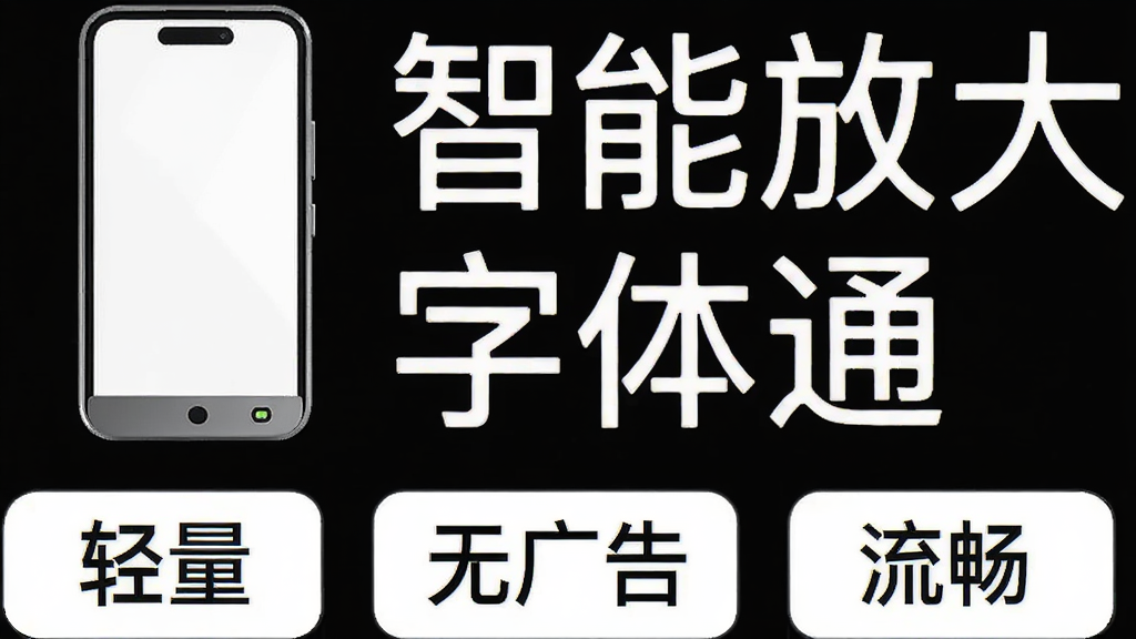 一个轻薄的手机图标旁边显示“智能放大字体通”字样,图标下方有“轻量”“无广告”“流畅”三个标签,背景为纯白色,风格极简,画质干净锐利,无多余装饰
