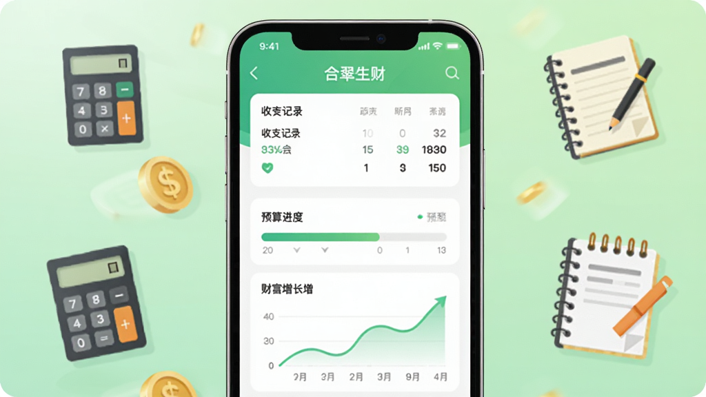 合翠生财手机应用界面展示,画面中央是一部智能手机,屏幕上显示合翠生财主界面,包含收支记录、预算进度条和财富增长曲线图表,背景为淡绿色渐变,周围环绕金币、计算器、记事本等财务元素图标,整体风格清新简洁,扁平化设计,画质高清,干净无多余元素