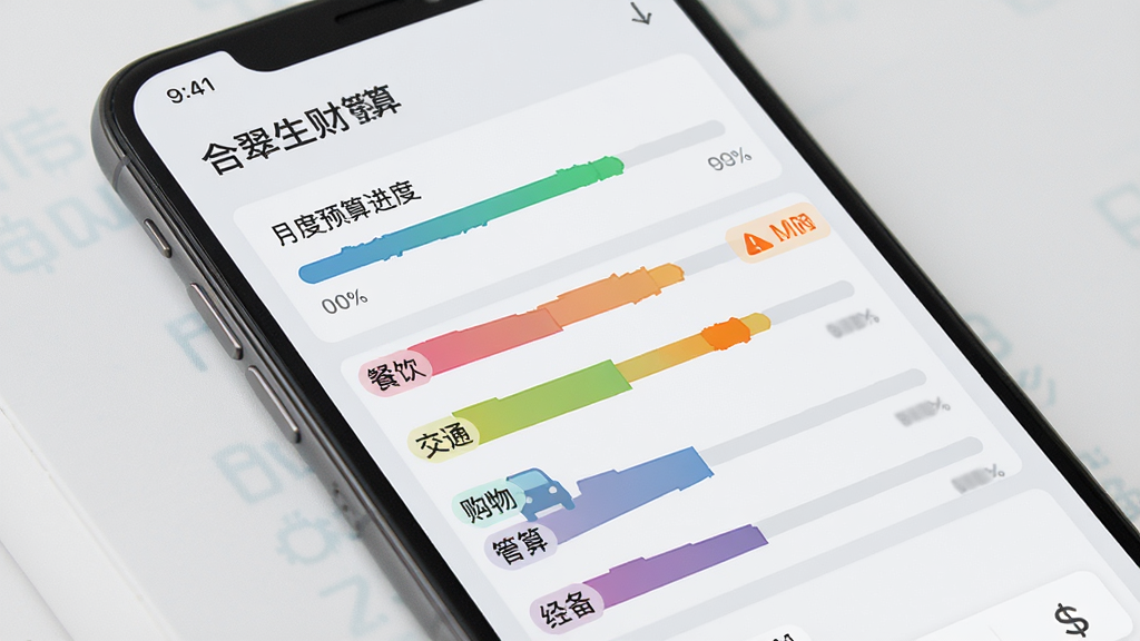 合翠生财预算管理界面,手机屏幕显示月度预算进度条,不同类别预算以彩色条形图展示,有餐饮、交通、购物等标签,部分进度条显示接近限额的橙色提醒,背景为浅灰色,风格清爽商务,排版整洁,画质高清,干净无多余元素