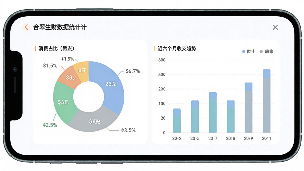 合翠生财数据统计图表页面,手机屏幕展示彩色饼图和柱状图,饼图显示各类消费占比,柱状图显示近六个月收支趋势,配色柔和,背景为白色,风格数据可视化,细节清晰,画质高清,干净无多余元素