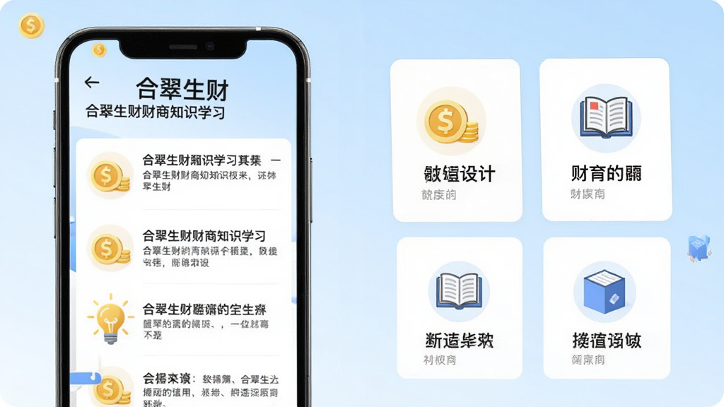 合翠生财财商知识学习页面,手机屏幕显示文章列表和知识卡片,卡片上有金币、灯泡、书本等图标,标题文字清晰,背景为淡蓝色渐变,风格教育学习,排版舒适,画质高清,干净无多余元素