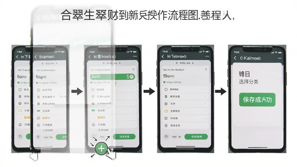 合翠生财新手使用操作流程图,手机屏幕显示从下载安装到记账的步骤分解,包含点击加号、输入金额、选择分类、保存成功四个画面,画面之间有箭头连接,背景为白色,风格教程指引,排版清晰,画质高清,干净无多余元素