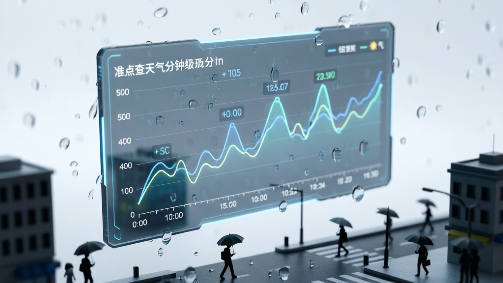 画面主体是一个悬浮在空中的半透明科技感面板,面板上显示着准点查天气的分钟级降水折线图,曲线起伏明显,下方有明确的时间刻度。布局采用对角线构图,面板下方是微缩的城市街道与撑伞行走的人群剪影。风格为未来科技感与写实结合,细节上强调雨滴落在面板上的动态感与数据的清晰可读性,画质高清,干净明亮,无多余元素。