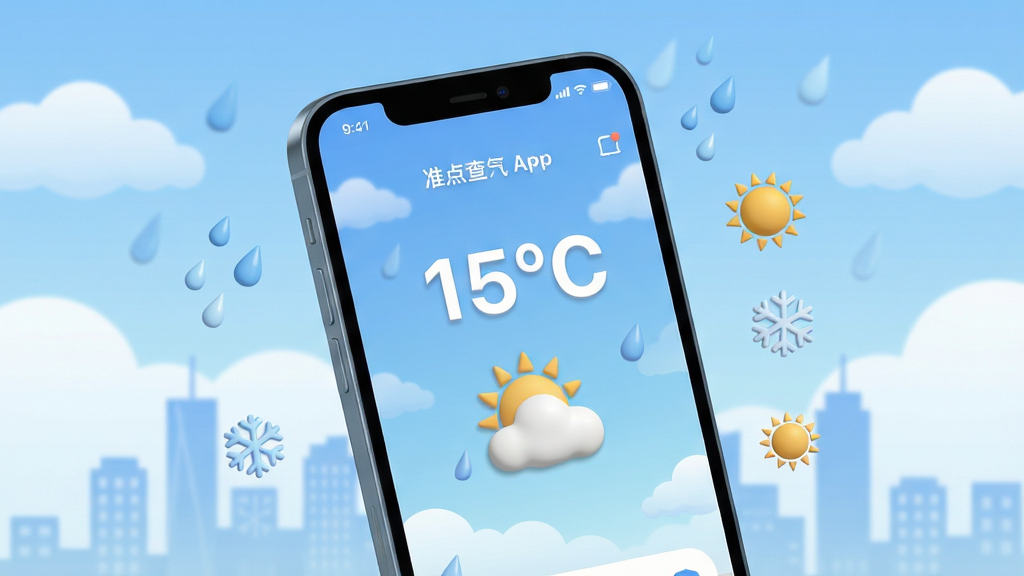 画面主体是一部智能手机,屏幕上显示着准点查天气APP的界面,界面中央有醒目的温度数字与天气图标,背景是柔和渐变的蓝天白云与城市剪影。布局采用居中构图,手机略微倾斜,周围环绕着微小的雨滴、雪花与太阳图标作为点缀。排版简洁,风格为现代扁平化科技感,细节上注重界面UI的清晰度与图标的立体感,画质清晰干净,无多余元素。