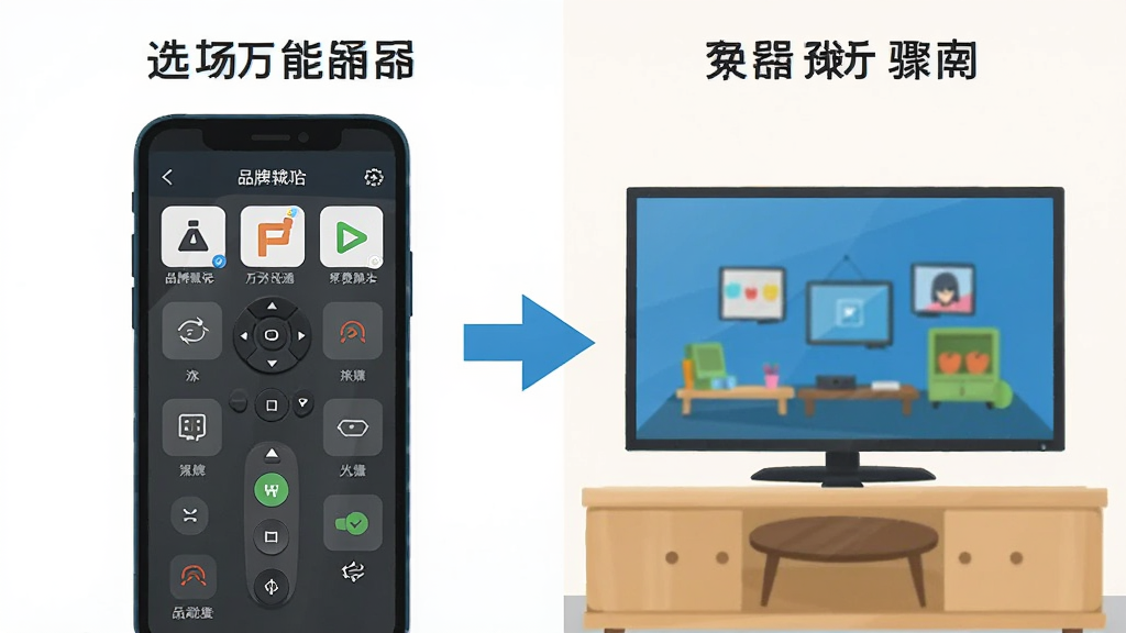 遥控器万能通免费的操作步骤示意图,画面分为左右两部分,左侧是手机选择品牌界面,右侧是电视被成功控制的画面,布局采用对比展示,排版清晰,风格为扁平化教学风格,细节上带有箭头引导指示,画质明亮,干净,无多余元素。