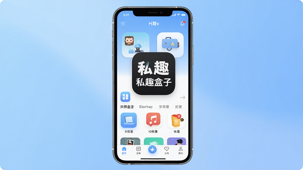 一张展示私趣盒子软件主界面的预览图,画面中央是手机屏幕,屏幕上显示私趣盒子的应用图标和简洁的首页布局,背景为柔和的渐变蓝色,布局采用居中构图,风格为现代扁平化设计,细节包括应用图标、分类标签和底部导航栏,画质清晰,干净,无多余元素