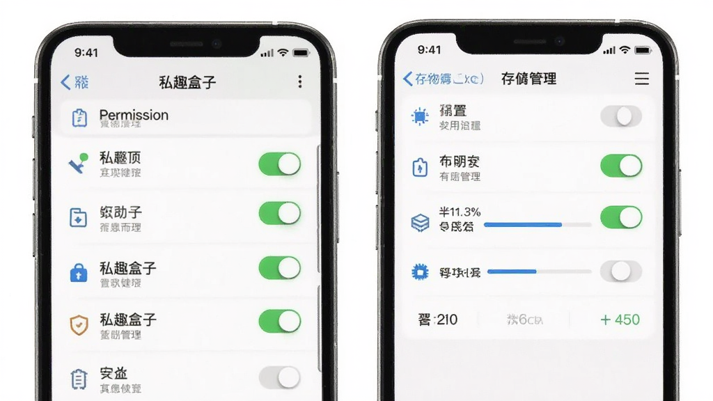 一张展示私趣盒子安装与设置界面的预览图,画面中手机屏幕显示权限设置和存储管理页面,有开关按钮和进度条,背景为白色简洁风格,布局为列表式排列,风格为实用工具风,细节包括权限图标和存储容量显示,画质清晰,干净,无多余元素