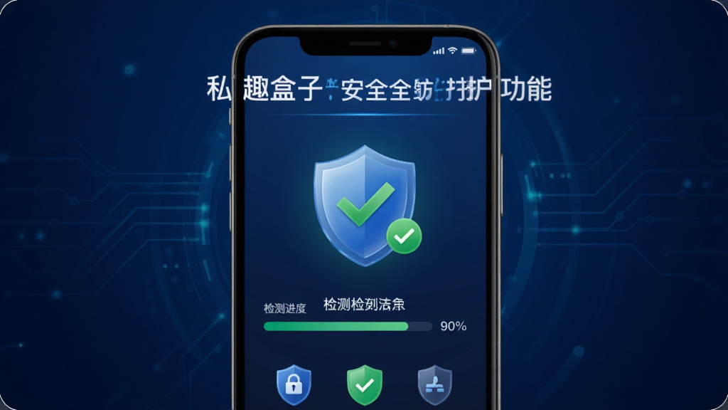 一张展示私趣盒子安全防护功能的预览图,画面中手机屏幕显示安全检测界面,有盾牌图标和绿色对勾标记,背景为深蓝色科技感渐变,布局为居中盾牌加文字说明,风格为安全科技风,细节包括检测进度条和安全标识,画质清晰,干净,无多余元素