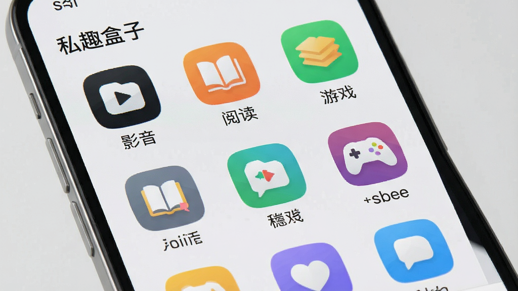 一张展示私趣盒子功能特色的预览图,画面中手机屏幕显示私趣盒子的资源分类页面,有影音、阅读、游戏等图标排列整齐,背景为浅灰色,布局采用网格状排列,风格为清新简约风,细节包括彩色图标和分类标签,画质清晰,干净,无多余元素
