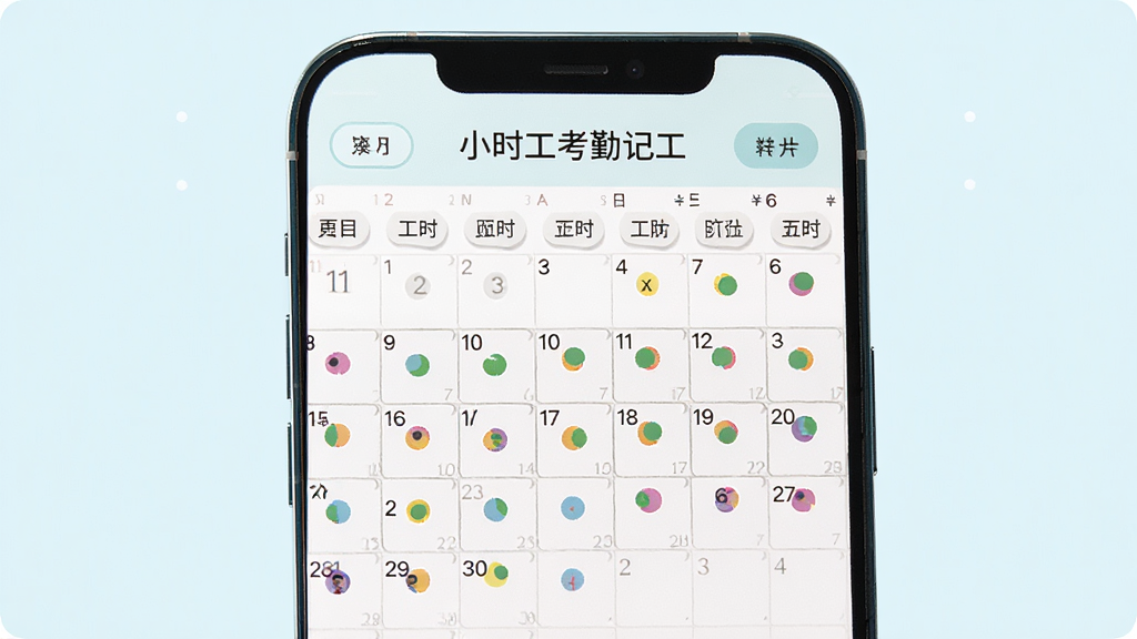 AI生图,主体为“小时工考勤记工”的日历考勤页面,手机屏幕显示月历,部分日期有彩色圆点标记,布局居中,风格清新浅色,细节包括月份切换按钮和工时小标签,画质高清干净,无多余元素