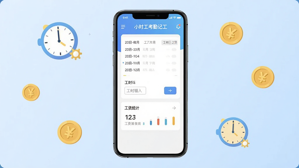软件全貌展示图,画面中央放置一部智能手机,手机屏幕显示“小时工考勤记工”应用主界面,界面上有日期列表、工时输入框、工资统计卡片等元素,背景为浅蓝色渐变,四周点缀简约的时钟与金币图标,整体风格清新扁平化,画质清晰干净,无多余元素