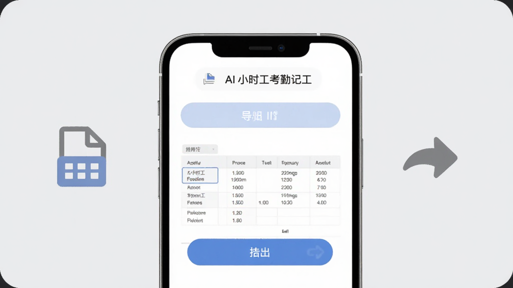 AI生图,画面展示“小时工考勤记工”的数据导出功能,手机屏幕上有导出按钮和表格预览,背景为浅灰色,风格素雅极简,细节包括文件图标和分享箭头,画质清晰干净,无多余元素
