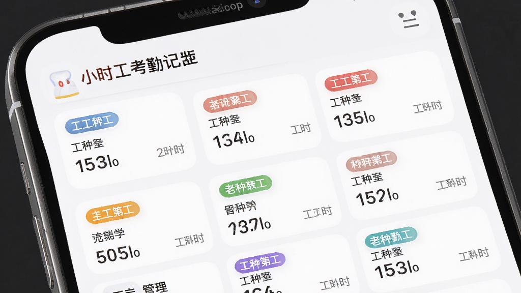 AI生图,主体为“小时工考勤记工”的多工种管理界面,手机屏幕显示多个记工本卡片,每个卡片有不同颜色标签,布局为列表式,风格柔和圆角,细节包括工种名称和工时汇总,画质高清干净,无多余元素