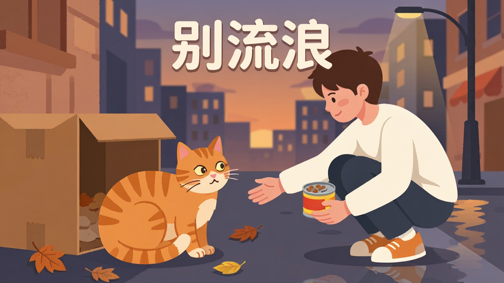 一张温暖治愈的插画,画面主体是一只橘色流浪猫蜷缩在纸箱旁,旁边站着一位蹲下身伸出手的年轻人,背景是城市黄昏的街道,布局采用中心构图,排版上软件名称