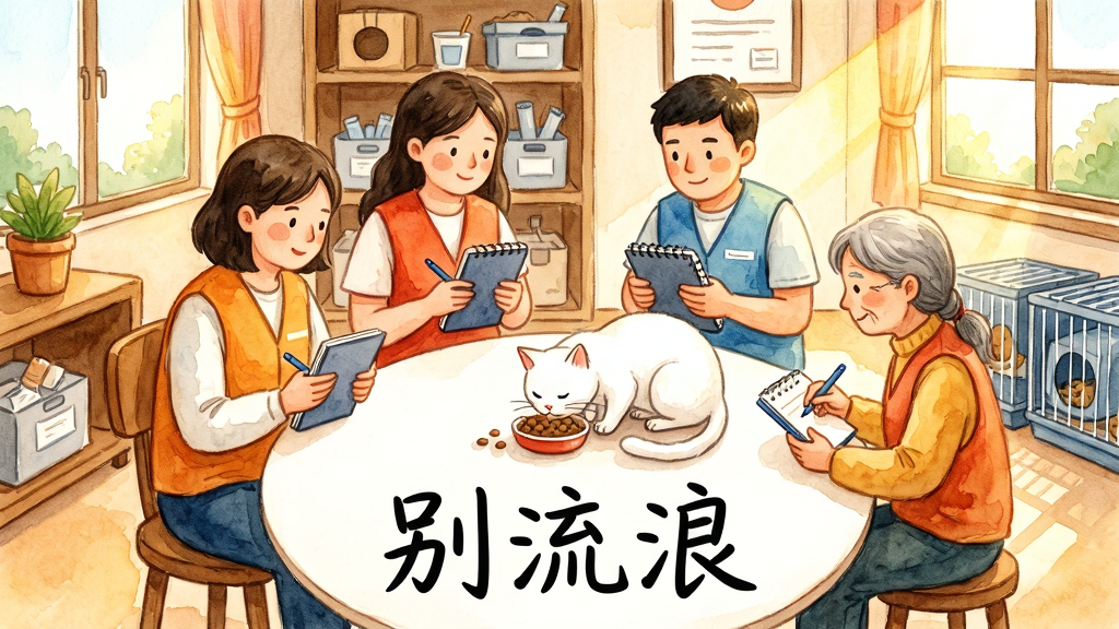 一张温馨的社区场景插画,画面主体是几位不同年龄的志愿者围坐在一起,中间有一只被救助的白色猫咪在吃猫粮,布局采用圆形构图,排版上软件名称