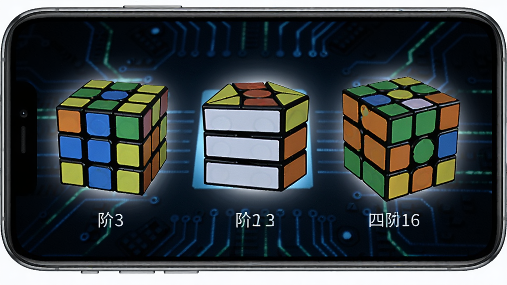 手机屏幕展示魔方还原模拟器中的多个魔方模型,包括二阶、三阶、四阶魔方并排显示,每个魔方下方标注阶数,背景为深色科技风格,光线聚焦在魔方上,画面整洁,画质高清,无多余元素