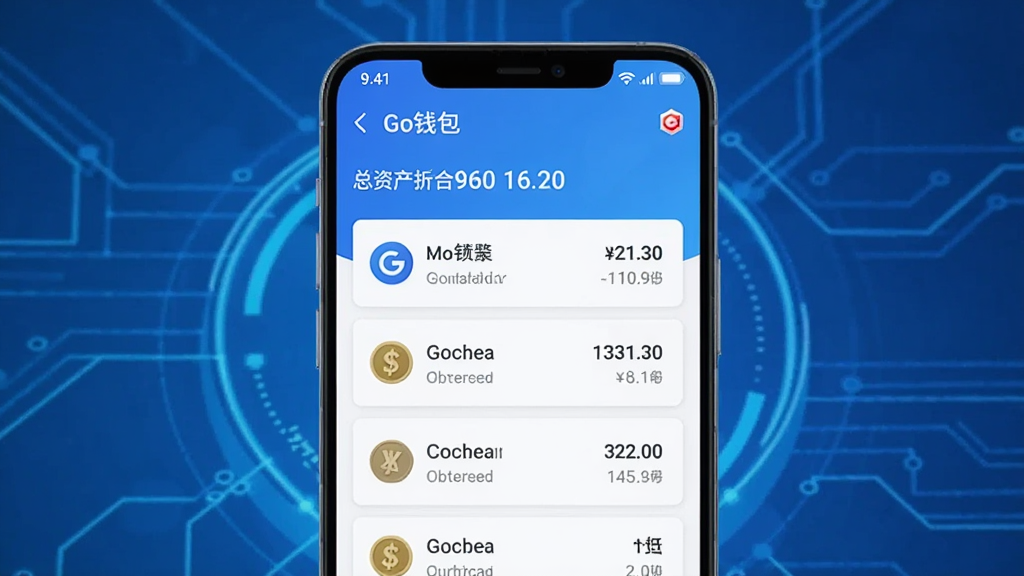 一部安卓手机屏幕显示“Go钱包”资产列表页面,页面上排列着多个币种图标和余额数字,顶部有总资产折合金额;画面采用蓝色科技感背景,布局为手机正面居中展示,风格简洁现代,细节包括卡片式列表和圆形币种图标;画质清晰,干净,无多余元素。