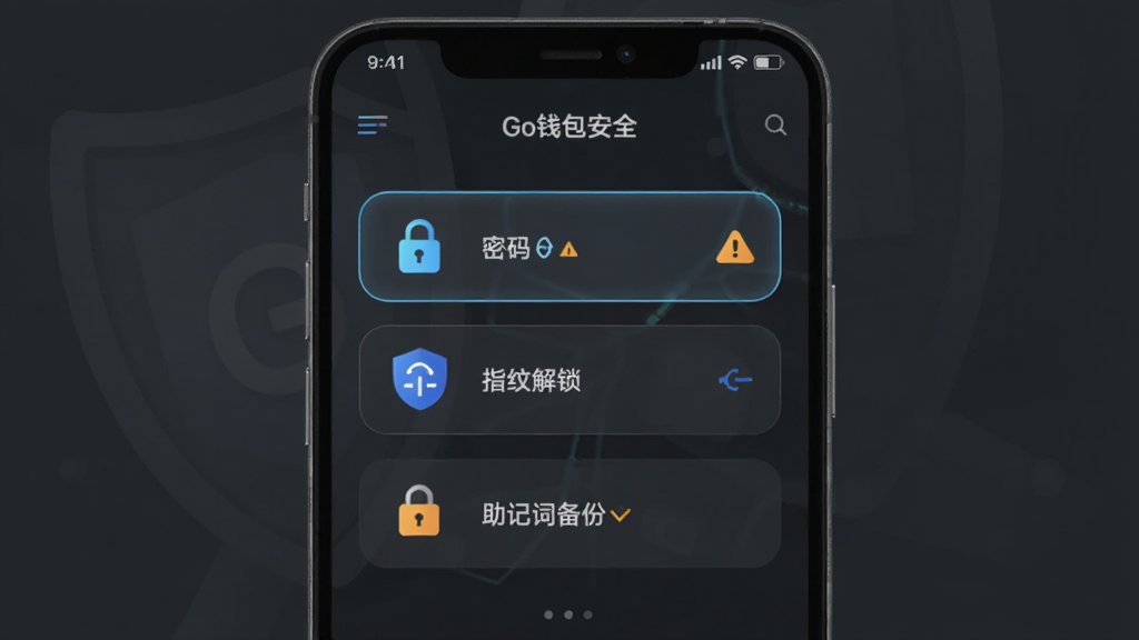 一部安卓手机展示“Go钱包”安全中心页面,页面上有密码锁、指纹解锁和助记词备份三个选项,旁边有盾牌和锁图标;背景为深灰色,布局为手机居中,风格为安全科技风,细节包括高亮按钮和警示图标;画质清晰,干净,无多余元素。