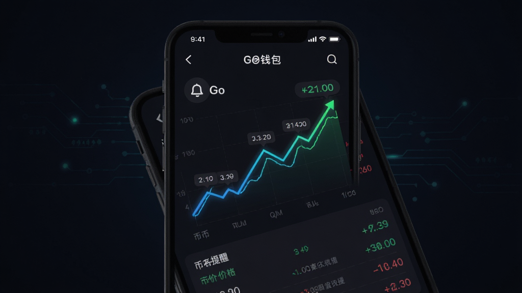 手机屏幕展示“Go钱包”行情页面,页面中有折线图和币种价格列表,折线图呈上升趋势,旁边有铃铛图标表示价格提醒;背景为深色模式,布局为手机居中,风格为金融科技风,细节包括发光线条和数字标签;画质清晰,干净,无多余元素。