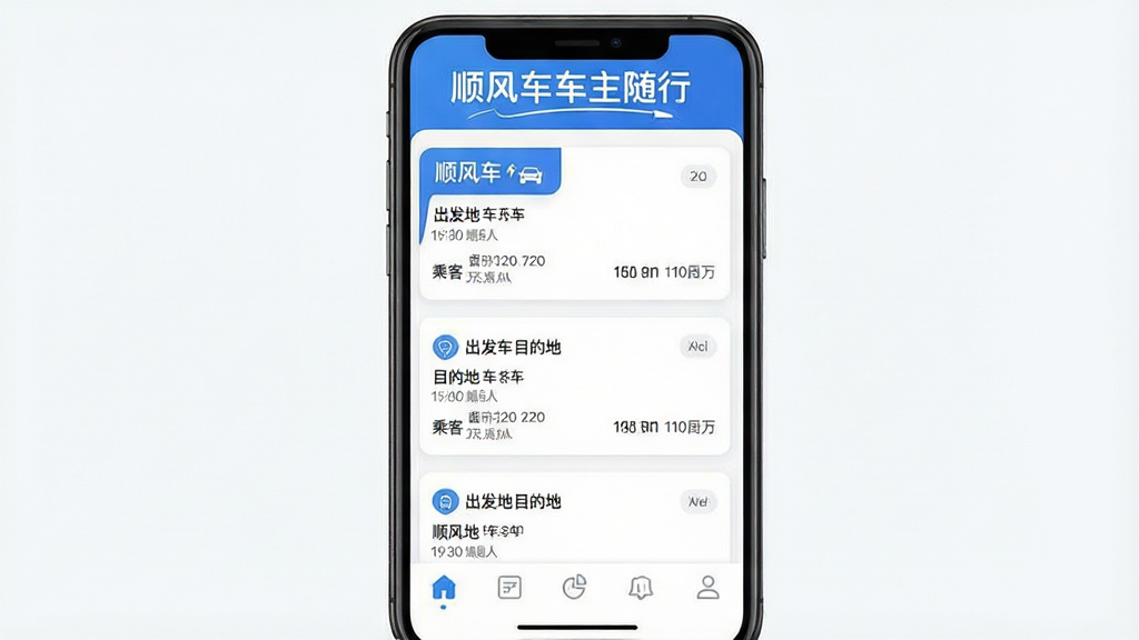 一张展示顺风车车主随行软件主界面的手机截图风格图片,画面中央是一部竖屏智能手机,屏幕内显示顺风车车主随行应用的订单列表页面,顶部有醒目的软件名称“顺风车车主随行”文字标识,页面中分布着多个订单卡片,每个卡片上有出发地、目的地、时间和乘客信息,底部有导航栏图标。整体布局清晰,排版整齐,风格为现代简约的移动应用UI设计,细节上采用蓝白配色,图标圆润,文字清晰可读。画质高清,画面干净,无多余元素。