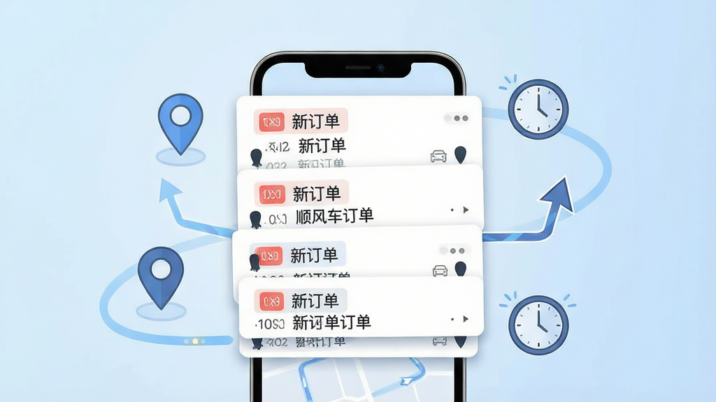 一张展示顺风车车主随行智能订单推送功能的宣传图,画面中心是一部手机,屏幕上方弹出多个订单通知卡片,卡片上显示“新订单”字样和路线信息,手机周围环绕着定位图标、路线箭头和时钟符号,象征智能匹配与实时推送。布局采用居中构图,背景为浅蓝色渐变,风格为扁平化科技感设计,细节上通知卡片有轻微阴影,图标简洁明了,文字清晰。画质高清,画面干净整洁,无多余装饰元素。