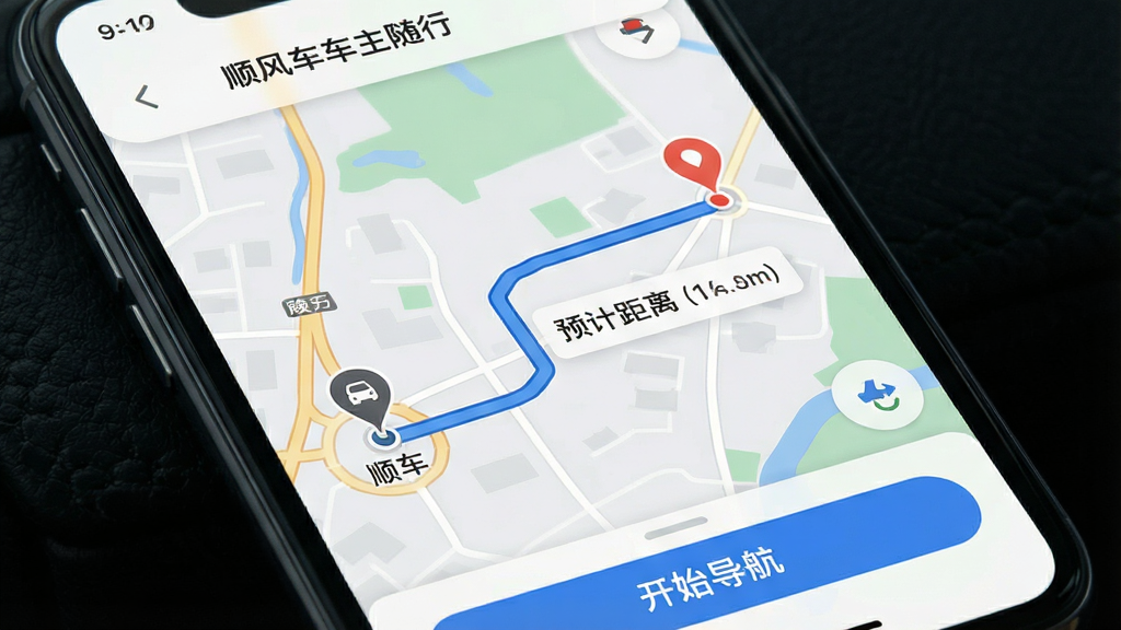 一张展示顺风车车主随行路线规划功能的界面图,画面为手机屏幕特写,屏幕内显示地图导航界面,地图上有起点和终点标记,中间用蓝色路线连接,路线旁边有预计时间和距离信息,屏幕底部有“开始导航”按钮,顶部显示“顺风车车主随行”字样。布局为全屏地图展示,风格为现代导航应用UI设计,细节上地图色彩柔和,路线清晰,图标精致。画质高清,画面干净,无多余元素。