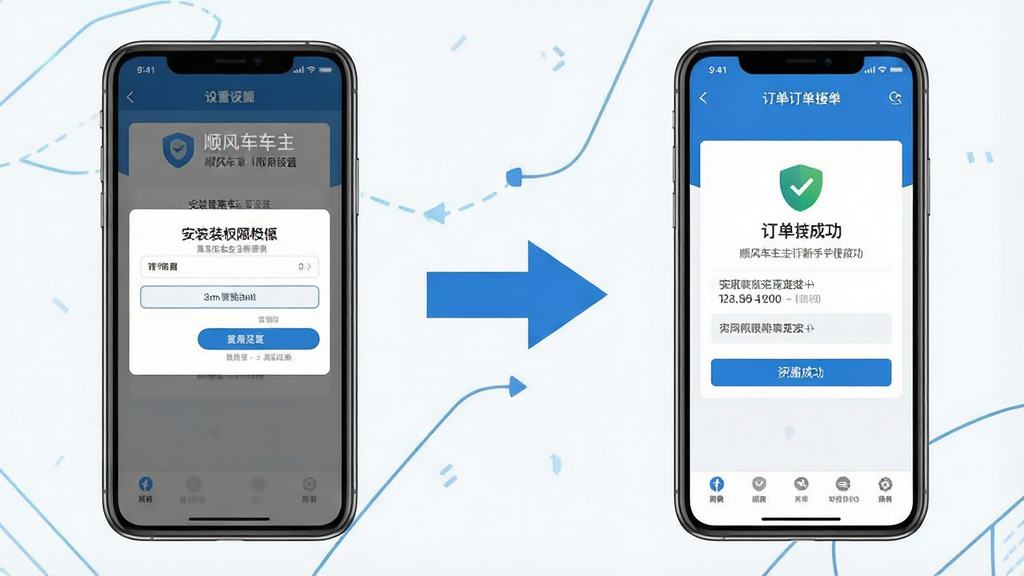 一张展示顺风车车主随行新手使用指南的示意图,画面分为左右两部分,左侧为手机屏幕显示安装权限设置界面,右侧为手机屏幕显示订单接单成功页面,中间用箭头连接表示操作流程。布局为并列式构图,风格为清晰的信息图设计,细节上界面元素简洁,文字可读,配色以蓝白为主。画质高清,画面干净,无多余元素。