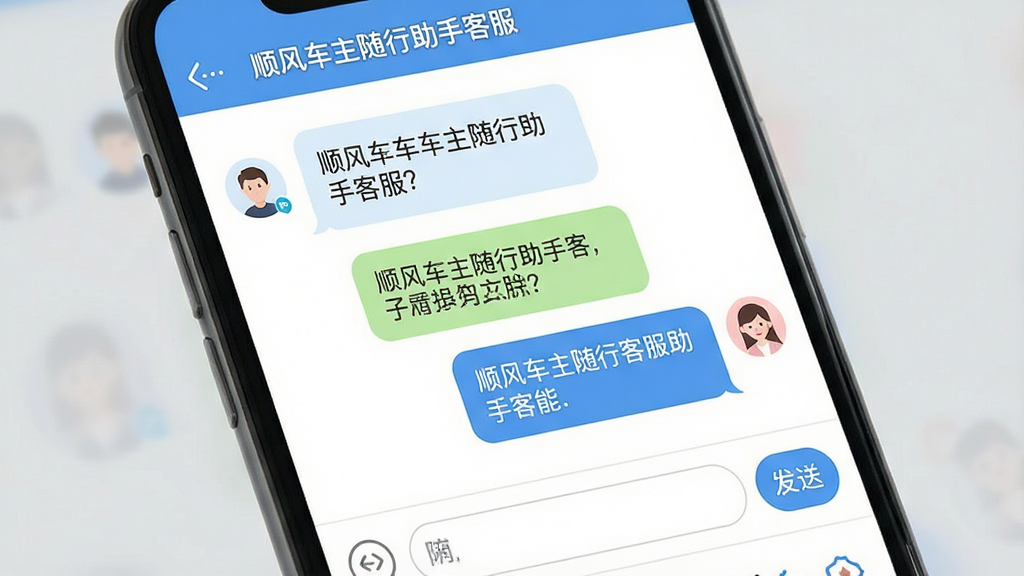 一张展示顺风车车主随行客服助手功能的界面图,画面为手机屏幕特写,屏幕内显示客服聊天界面,顶部有“顺风车主随行助手客服”字样,聊天框中有用户提问和客服自动回复的内容,底部有输入框和发送按钮。布局为典型聊天界面排版,风格为友好亲切的客服系统UI设计,细节上气泡颜色柔和,头像图标简洁,文字清晰。画质高清,画面干净,无多余元素。