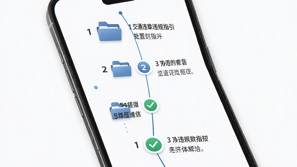 交通违章违规指引软件处置流程指引页面,主体为手机屏幕展示步骤流程图,布局为从上到下的时间轴样式,排版包含数字序号与文字说明,风格为简约商务风,细节包含文件夹图标与对勾标记,画质高清,画面干净,无多余元素