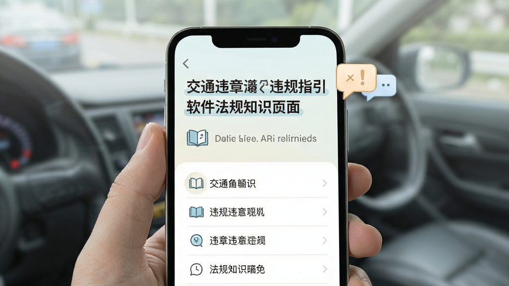 交通违章违规指引软件法规知识页面,主体为手机屏幕显示图文混排内容,布局为上半部分标题下半部分条目列表,排版疏朗,风格为浅色护眼阅读风,细节包含书本图标与提示气泡,画质清晰,画面干净,无多余元素