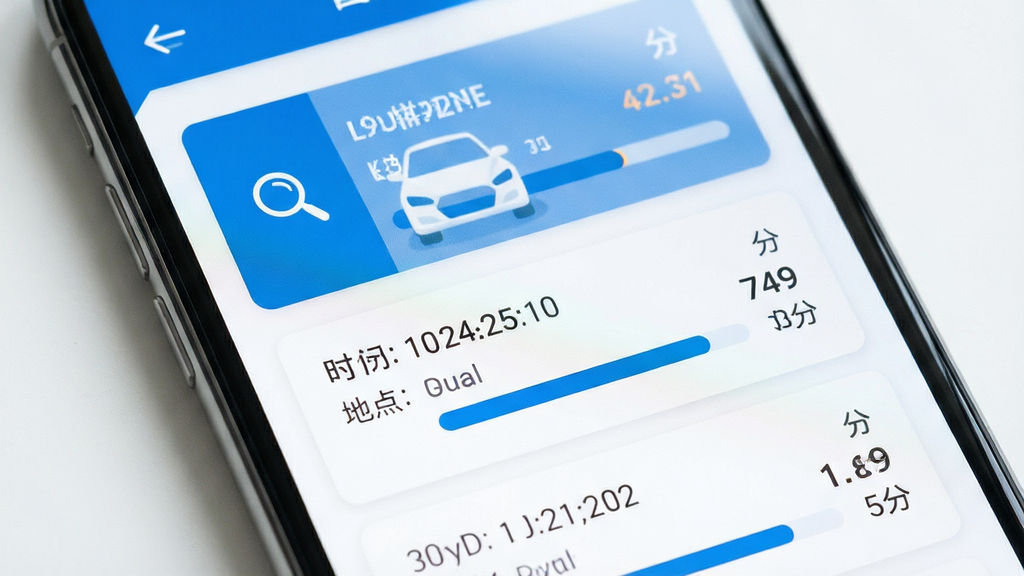 交通违章违规指引软件查询结果页面展示,主体为手机屏幕特写,屏幕中显示违章记录列表,包含时间地点与扣分信息,布局为纵向卡片式排列,排版整齐,风格为清爽蓝白配色,细节包含放大镜图标与数据条,画质清晰,画面干净,无多余元素