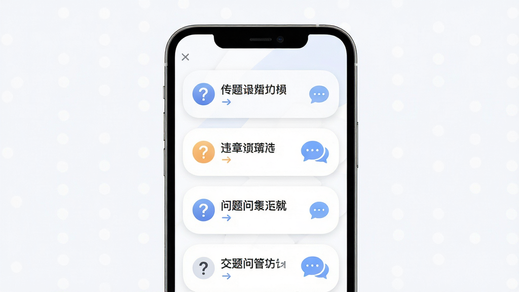 交通违章违规指引软件问答专区页面,主体为手机屏幕展示问答列表,布局为折叠面板样式,排版包含问题标题与展开箭头,风格为柔和圆角卡片风,细节包含问号图标与对话气泡,画质高清,画面干净,无多余元素