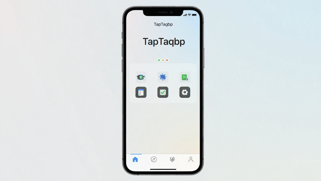一张展示 TapTaqbp 软件主界面的手机屏幕截图,画面中央是手机正视图,屏幕内显示 TapTaqbp 的简洁首页布局,顶部有软件名称