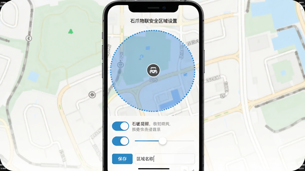 手机屏幕显示石爪物联安全区域设置界面,地图上有一个半透明蓝色圆形围栏,围栏边缘有虚线描边,中心为设备图标,界面下方有开关按钮与半径调节滑块,风格为简洁设置面板,细节包含提醒文字、保存按钮、区域名称输入框,画质清晰,干净,无多余元素