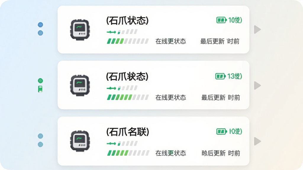 石爪物联多设备管理列表界面,垂直排列三张设备卡片,每张卡片左侧为设备图标,右侧显示名称与在线状态,背景为浅色渐变,风格为卡片式UI设计,细节包含信号强度条、电量图标、最后更新时间,画质清晰,干净,无多余元素