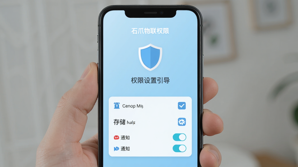 手机屏幕显示石爪物联权限设置引导页,页面中央有盾牌图标与权限列表勾选项,背景为浅蓝色渐变,风格为扁平化安全提示界面,细节包含位置、存储、通知三个权限开关,画质清晰,干净,无多余元素