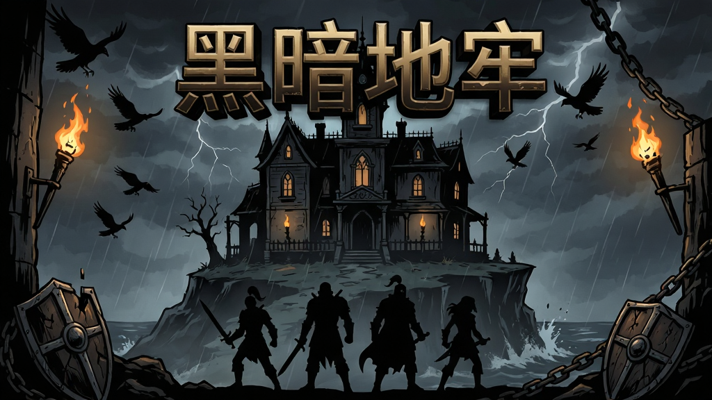黑暗地牢游戏主界面全景,主体为一座阴森的哥特式庄园矗立在暴风雨肆虐的悬崖边,布局采用居中构图,上方为游戏标题“黑暗地牢”的暗金色立体字体,下方为四位英雄剪影组成的队伍,排版突出史诗感与压迫感,风格为暗黑手绘美漫风格,细节包含摇曳的火把、乌鸦、破碎的盾牌与铁链,画质高清,干净,无多余元素