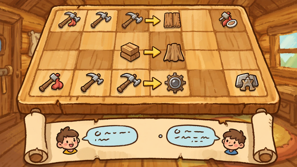 一块木质棋盘占据画面上半部分,棋盘上摆放着不同等级的工具与材料图标,箭头示意两个相同道具合并升级,棋盘下方是一条展开的故事卷轴,卷轴上有卡通人物头像与对话框,背景为温馨的木屋内部,风格为手绘卡通,色调温暖明亮,画面干净无杂乱,高清画质