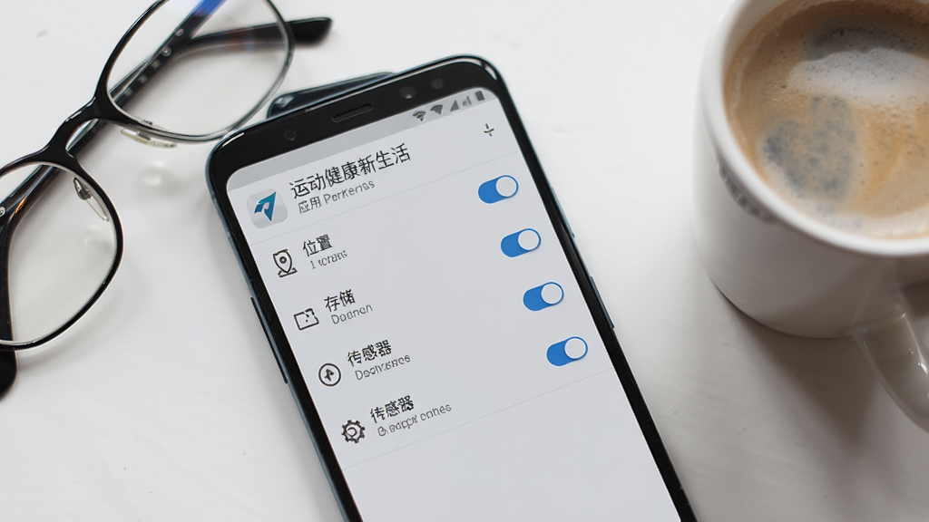 一张手机设置界面的图片,画面为一部安卓手机,屏幕显示应用权限管理页面,包含位置、存储、传感器等权限开关,页面顶部有