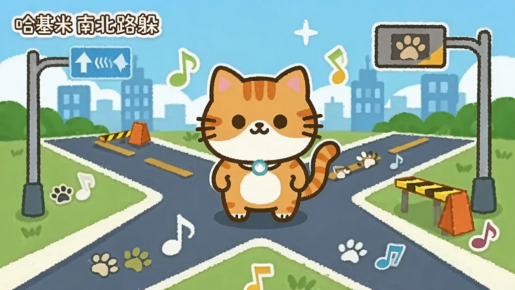 画面中央是一只卡通橘猫角色站在十字交叉的道路中央,道路向南北两个方向延伸,四周散落音符和猫爪印图案,背景为明亮的蓝天与卡通城市剪影,整体采用扁平可爱插画风格,色彩以橙黄、天蓝、草绿为主,细节上加入路牌、躲避障碍物和闪烁的音符符号,画质清晰干净,无多余杂乱元素,画面中带有