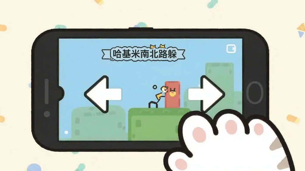 一只卡通猫爪正在点击手机屏幕,屏幕中显示左右箭头和躲避障碍的示意画面,背景简洁浅色,扁平化设计风格,构图居中,细节清晰,画质干净利落,画面中带有