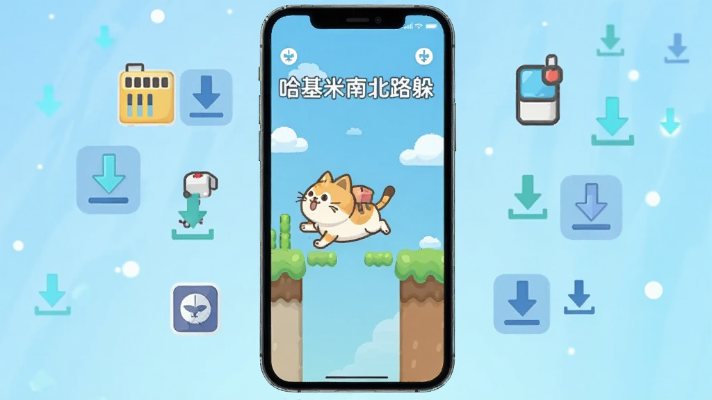 一部智能手机屏幕中显示卡通猫咪跑酷画面,周围漂浮存储空间图标和下载箭头,背景为浅蓝色科技感渐变,扁平简约风格,主体手机居中,细节清晰,画质干净无杂乱,画面中带有