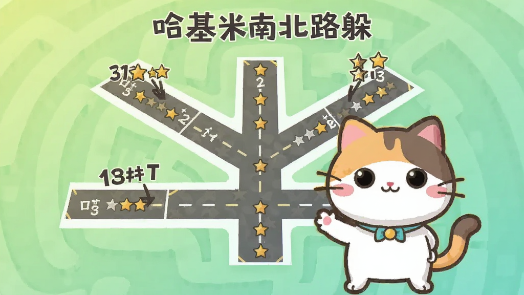 卡通猫咪角色站在由多岔路组成的迷宫地图前,地图上标注不同关卡编号和星星评分,背景为柔和渐变绿色,扁平插画风格,布局清晰有层次,细节丰富,画质干净明亮,画面中带有
